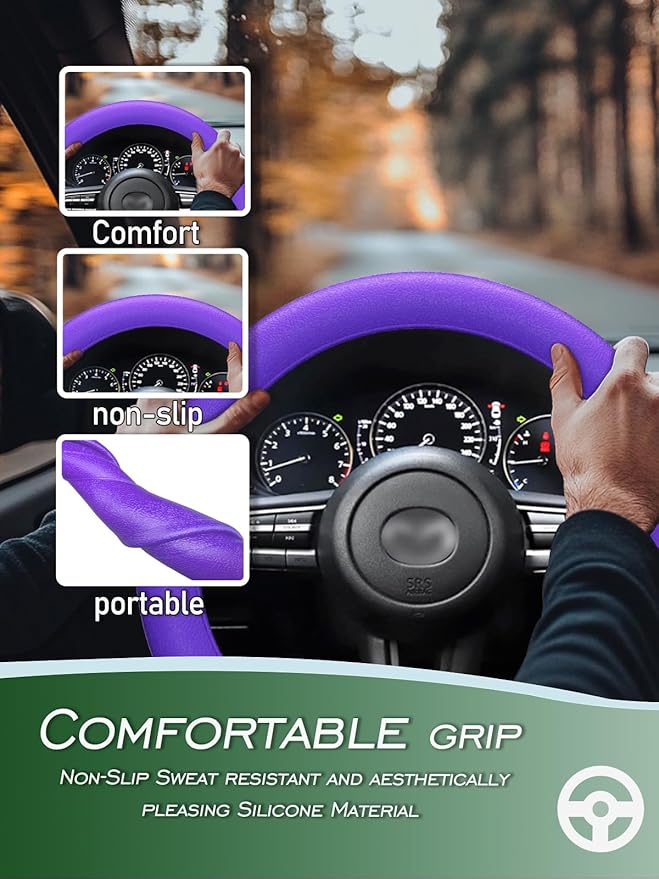 LRITER Car Steering Wheel Cover, Non-Slip Silicone Material, Multiple Color Choices, Universal Auto Parts Steering Wheel Cover, Suitable for Most Cars (Purple)