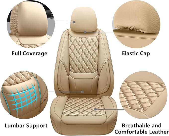 Car Seat Covers Full Set,Universal Fit for Cars,SUVs,Trucks,and Sedans with 5 Seats,Faux Leather Car Seat Cushion Compatible with Airbags,Waterproof Car Seat Protector,Beige