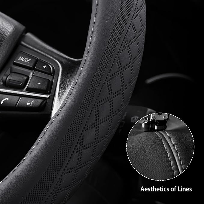 【2025 Model】 Premium Nappa Leather Car Steering Wheel Cover for Men Women, Non-Slip, Breathable, Universal 15 inches, Black