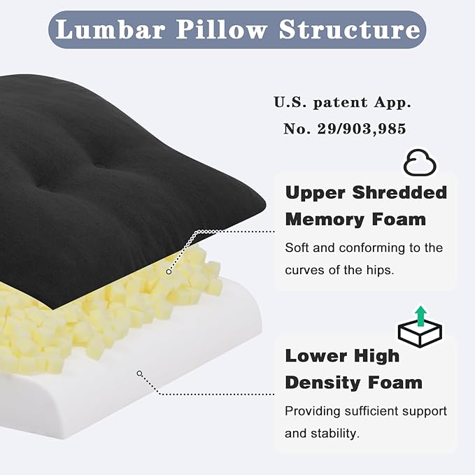 baibu Lumbar Support Pillow for Recliner, Large Memory Foam Dual-Layer Patent Design Back Support Cushion for Sofa & Gaming Chair, Ergonomic Lumbar Pillow with Machine Washable Cover, Black