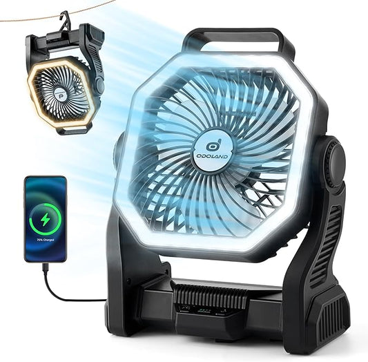 Odoland Rechargeable Camping Fan, 20000mAh Battery Fans with LED Lantern for Tent Car Beach Storm, Portable Light Desk Cooling Fan for Picnic Power Outage Hurricane, Black