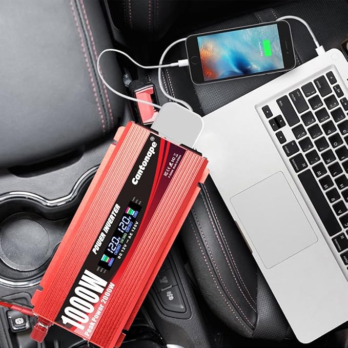 1000W/2000W(Peak) Car Power Inverter DC 12V to 110V/120V AC Converter with LCD Display Dual AC Outlets and Dual USB Car Charger for Car Home Laptop Truck Red