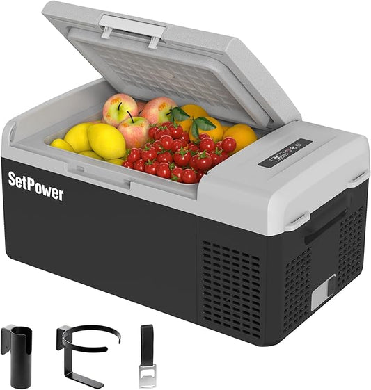 Setpower FC15 Portable 12v Refrigerator, -4℉-68℉ Fast Cooling Car Refrigerator, 15L/15.8Qt Car Fridge Portable Freezer with 12/24V DC & 110/240V AC, Electric Cooler (Black&Grey, 15L With AC Adapter)