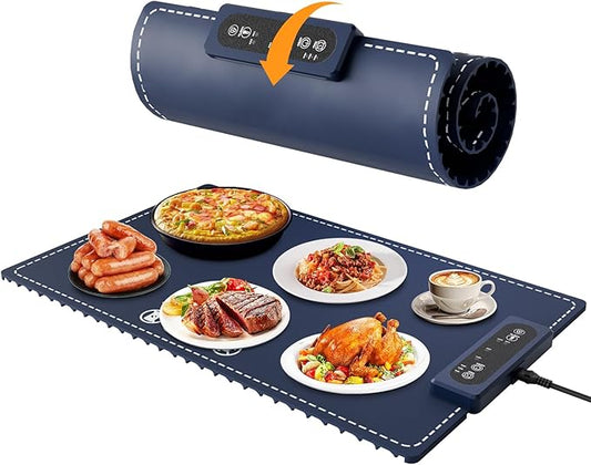 Negative ion Food Warming Mat with Adjustable Temperature,Foldable Electric Warming Tray for Parties Features 3 Modes & Fast Heating,Roll Up Food Warmer for Parties,Shabbat,Christmas (Navy Blue)