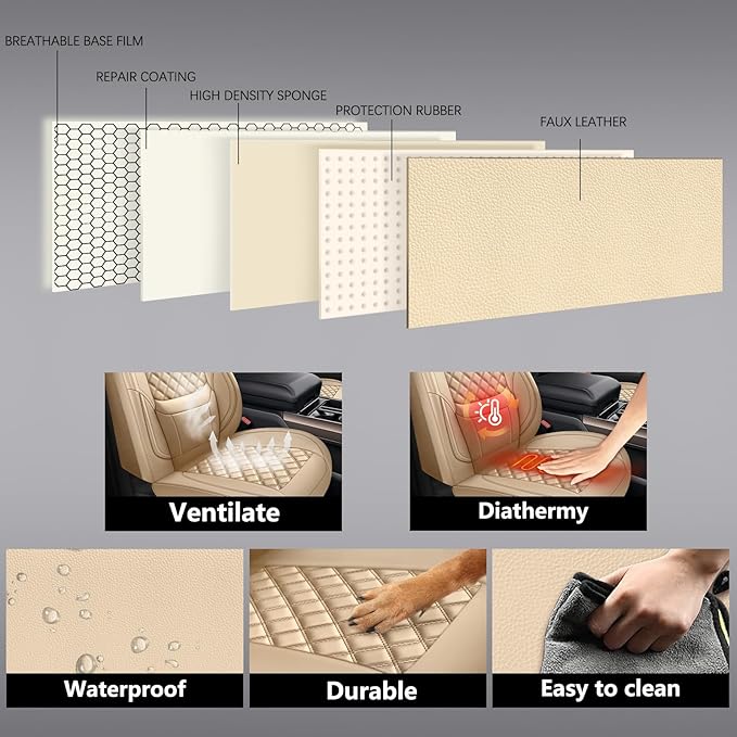 Car Seat Covers Full Set,Universal Fit for Cars,SUVs,Trucks,and Sedans with 5 Seats,Faux Leather Car Seat Cushion Compatible with Airbags,Waterproof Car Seat Protector,Beige