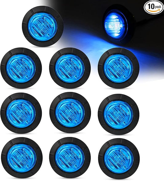 10 Pcs of 1-1/4 Inch Blue Lens & Lights with 6 LEDs Mount Clearance Side Marker Lamp Bullet Marker Trailer Lights Universal 12V DC Vehicles RV Truck Pickup Van Boat Mack