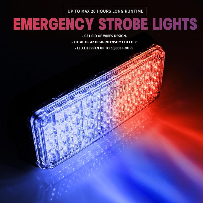 BooYu 2-Pcs Battery Operated LED Emergency Strobe Lights Bar w/Magnetic Base Rechargeable Portable Roadside Roof Top Mini Plow Flash Beacon Warning Light for Truck/Trailer/Vehicle (Red/Blue)