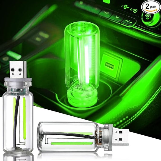 2PCS Car USB Night Light Touch Dimmable LED Filament Lamp, USB Plug-in Mini Glass Bottle Night Light DIY Mood Lamp Atmosphere Lights for Automotive Vehicle Bedroom Hallway Camping Decoration, Green