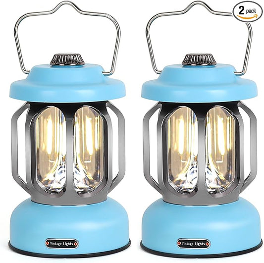 Rechargeable LED Camping Lanterns, Vintage Camping Lights Battery Operated, Portable Retro Metal Glamping Lights for Hiking, Hurricane, Decoration, Power outages, Blue, 2 Pack