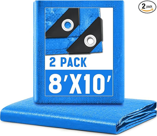 2 Pack 8 x 10 ft 5.5 Mil Large Tarps Heavy Duty Waterproof Tarp Multi Purpose Tent Cover for Home Boats Cars Camping Patio Furniture Roof Emergency Rain Protective Cover, Blue