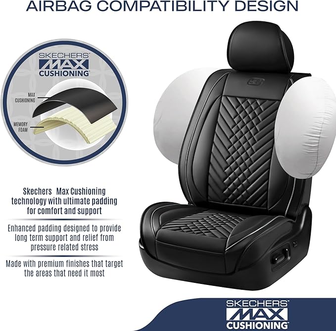 Skechers MAX Cushioning Car Seat Covers,Memory Foam Piping Leather Seat Covers,Waterproof Car Seat Protector Front Seats,Car Seat Cushion Airbag Universal Fit for Most Cars,Vans,Trucks,SUV,Grey