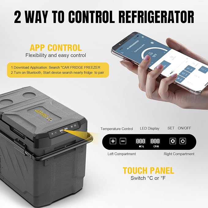 YELLOW JACKET 12v Car Refrigerator, 52-Quart Portable Freezer Electric Cooler with Wheels, 12V Car Fridge for Outdoor Camping Travel,12/24V DC 110~240 Volt AC Refrigerator for Home,RV, Offic
