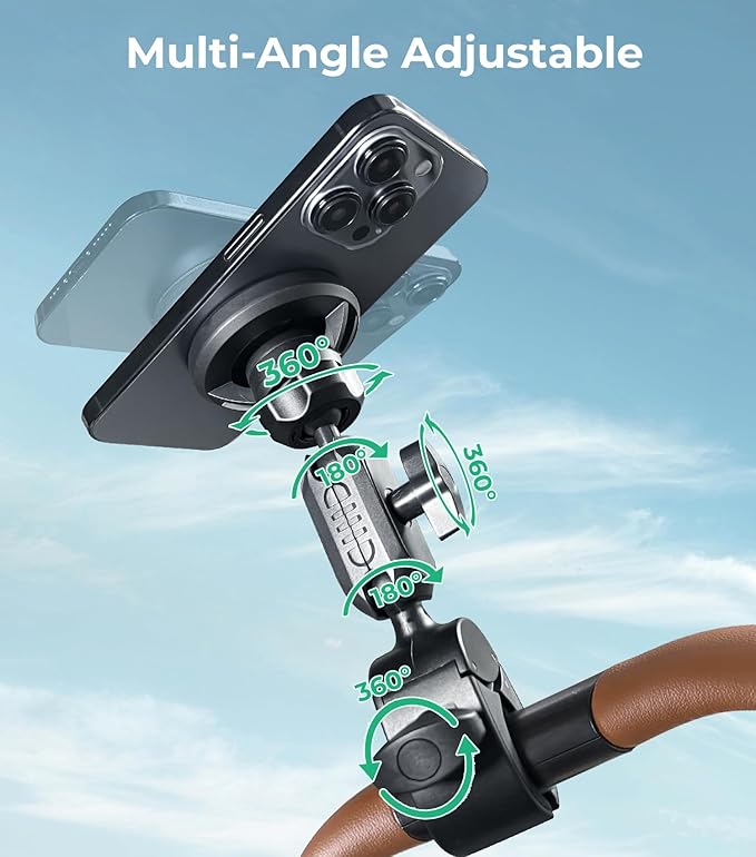 【Gooseneck Extension, Multi Angle】Magnetic Phone Mount Holder for MagSafe, One-Hand Operation, Best Accessory for Baby Stroller, iPhone 16, Gym, Treadmill, Shopping Cart, Exercise Bikes, Hand Bars