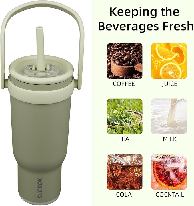 BJPKPK 30 OZ Insulated Travel Tumbler with Handle and Straw, Stainless Steel Water Bottle, Double Wall Vacuum Insulated Mug, for Work, Car, Travel, Forest Green