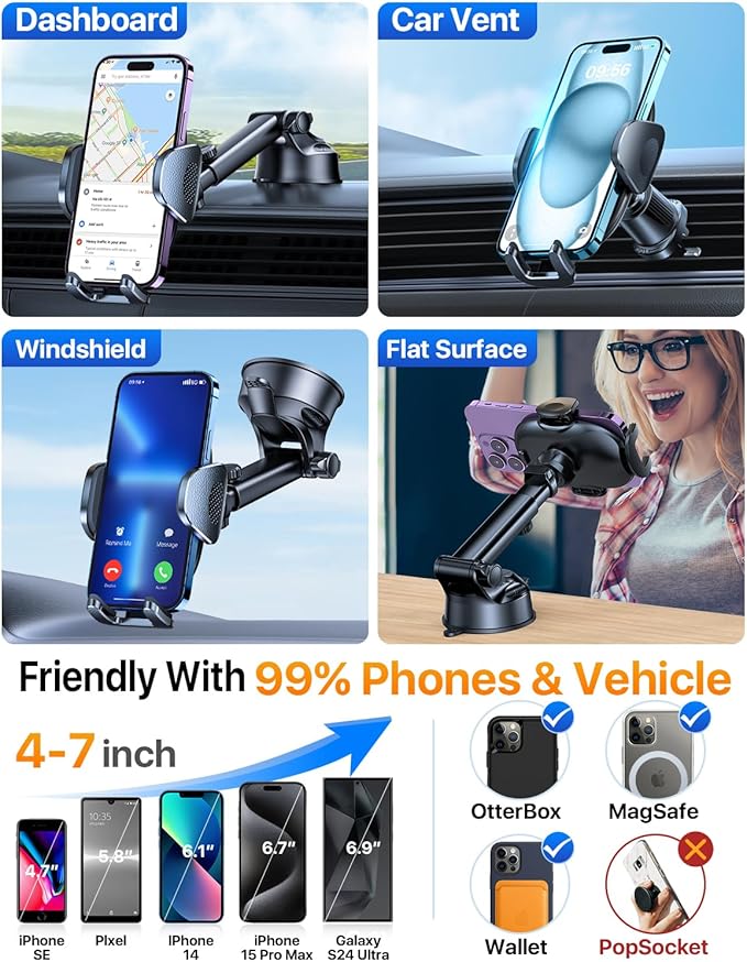 YRU [2025 Upgraded] Universal Car Phone Holder Mount【 360°Rotatable & Strong Suction】 Cell PhoneHolder Car Dashboard Windshield Phone Holder Dash Stand for iPhone 16 15 14 13 12 Samsung Truck, Black