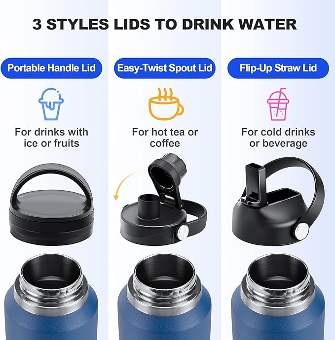 HYDROWION 40 oz Insulated Water Bottle with Straw fit in Car Cup Holder(Cold 48 hrs, Hot 24 hrs) Drinking Bottle with Straw Lid, Spout Lid and Flex Cap Leakproof Travel Thermo Mug，Mint - Black