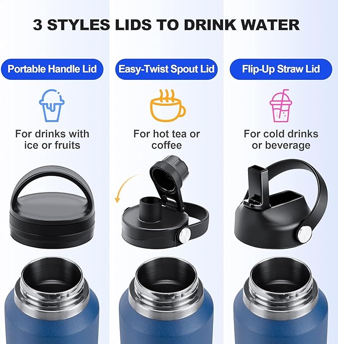 40 oz Insulated Water Bottle with Straw fit in Car Cup Holder(Cold 48 hrs, Hot 24 hrs) Drinking Bottle with Straw Lid, Spout Lid and Flex Cap Leakproof Travel Thermo Mug，Mint - Pink - Purple