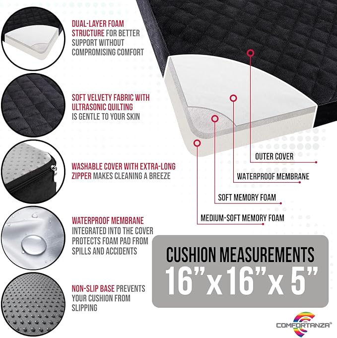16x16x5 Medium-Soft Memory Foam Seat Cushion for Home, Office, Car, Wheelchair – Plush Comfort & Joint Pain Relief – Washable Velvety Cover with Waterproof Layer & Non-Slip Base – Black