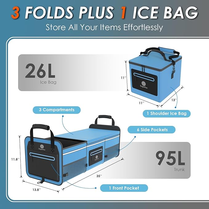 Car Trunk Organizer | 95L, 35"x13.8"x11.8" | 26L Ice Pack Included | Waterproof, Foldable | Gift for Drivers | Trunk Storage for SUV/Cars - Blue-M004