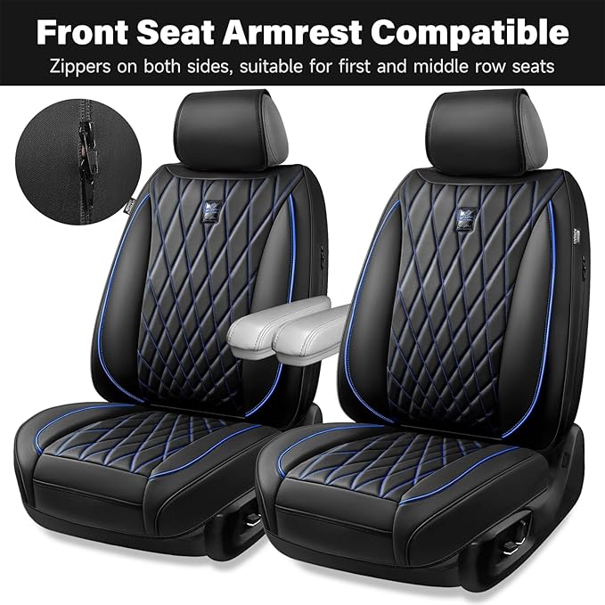 CAR PASS Luxury PU Leather Two Front Car Seat Covers, Waterproof Seat Covers Compatible with Front Seat Armrests, Airbag Compatible Anti- Slip Universal Fit for Cars Suvs Vans Trucks Black Blue