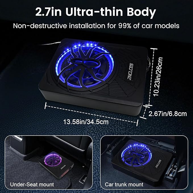 2025 Upgraded 10" 1200W Slim Under Seat Powered Car Subwoofer with Colorful LED Ambient Lights, Car/Truck Audio Sub Built in Amplifier Outstanding Heat Dissipation, Powerful Bass for Passion Driving
