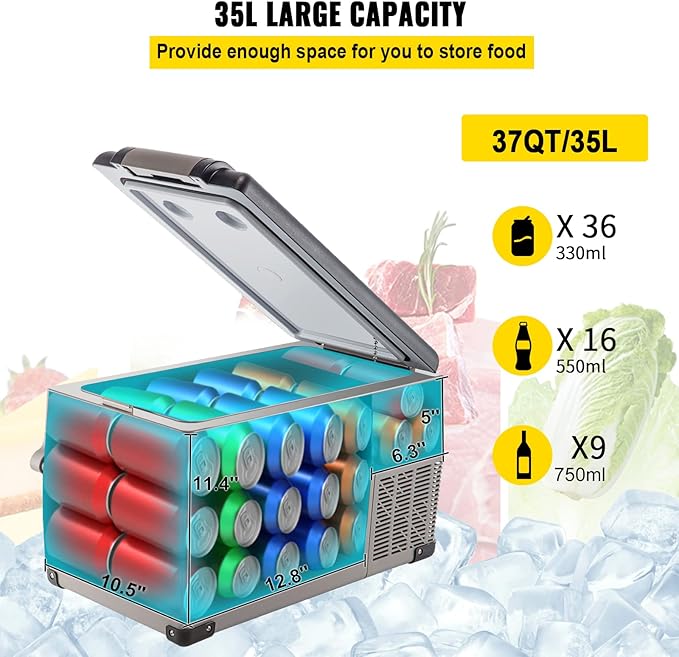 VEVOR CF35 Portable 37 Quart(35 Liter) 12 Volt App Control(-4℉~68℉), Car Refrigerator Dual Zone with 12/24v DC & 110-240v AC for Camping, Travel, Fishing, Outdoor or Home Use, Black+Gray