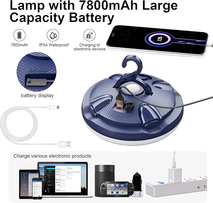 3000LM Portable Camping Light with 7800mAh Battery – 12H Max Run Time, 3 Light Modes Tent Light – Camping Lantern for Hiking, Emergency Use & Hurricane Power Outages (60W(Φ6.29 in))