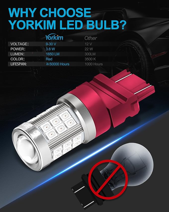 Yorkim 3157 LED Bulb Red 3157 led brake light bulb, 3157a led bulb 3156 led red lights 3056 3057 4157 bulb led 3157 Replacement Lamp for Stop Lights Brake Lights Tail Light Bulbs, pack of 2