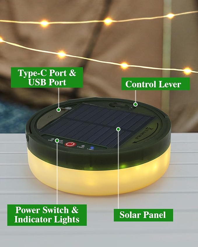 Anpro Solar Camping String Lights 4 in 1, 39.4Ft Ultra Long String with 150LEDs, 3600mAh Solar Powered and USB Rechargeable Light with Remote Control, Portable Camping Light for Hiking, Decorations