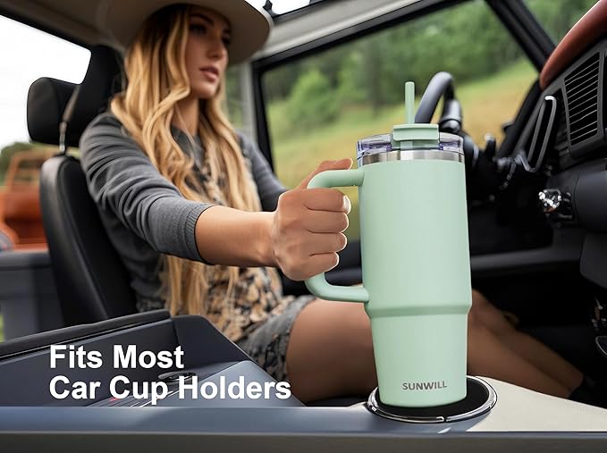 SUNWILL Coffee Tumbler with Handle, 30 oz Travel Mug with Lid and Straw Insulated, Stainless Steel Cup Leak Proof for Travel & Outdoor, Cupholder Friendly, Powder Coated Matcha Cream