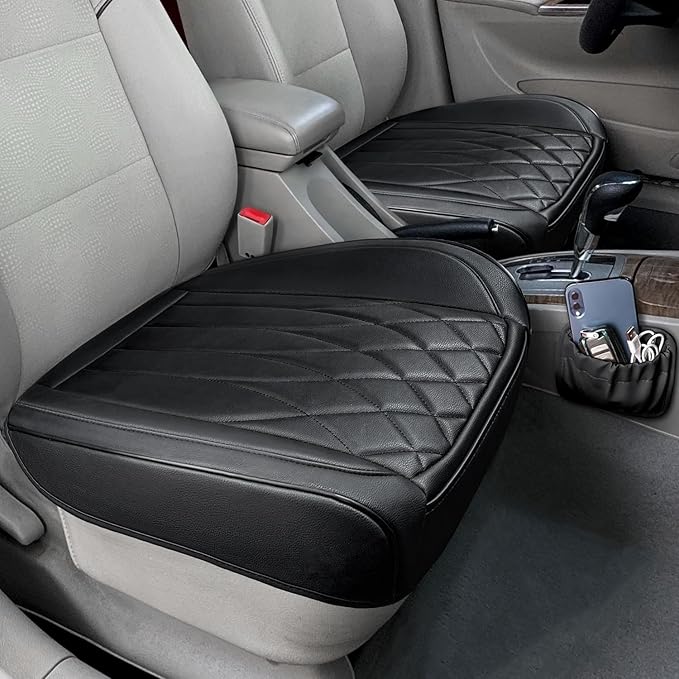 2 Pack Leather Front Car Seat Cover Bottom Car Seat, Universal Anti-Slip Driver Car Seat Protectors with Storage Pocket, Waterproof Bottom Auto Seat Cushion Pad Mat for Most Vehicles(Black)