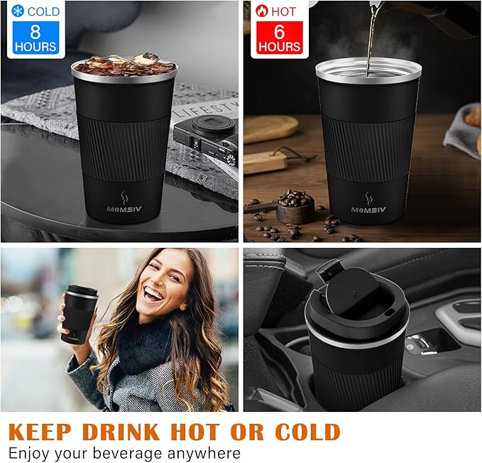 MOMSIV 12oz Travel Mug, Insulated Coffee Cup with Leakproof Lid, Vacuum Stainless Steel Double Walled Reusable Tumbler for Hot and Cold Water Coffee and Tea In Travel and Car (Black - 380ml)
