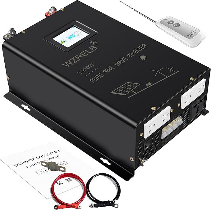 WZRELB 3000W 24V Pure Sine Wave Inverter, 24V DC to 120V/240V Split Phase Power Inverter, 6KW Surge, 5 AC Outlets, AC Hardwire Terminal, High Efficiency up to 91.6%, Wireless Remote