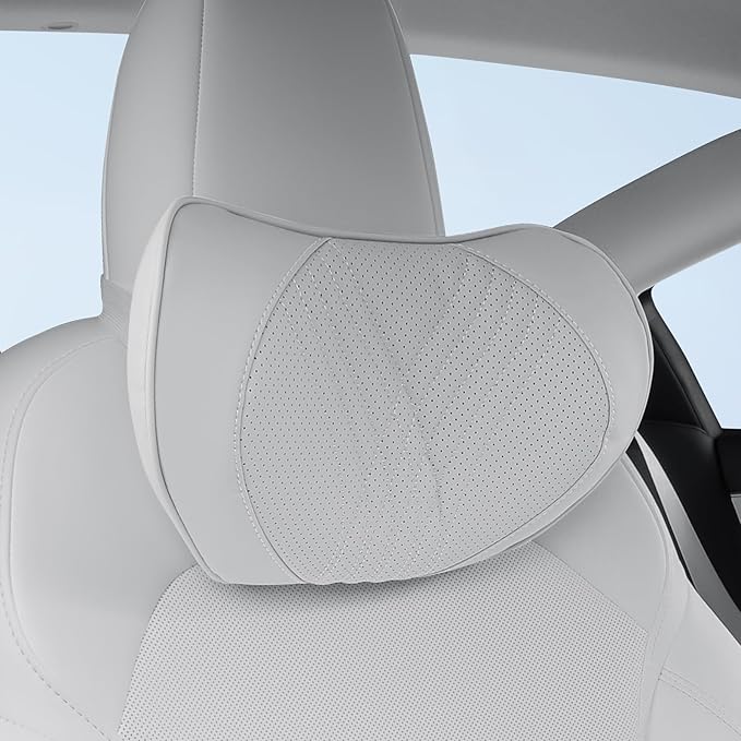 Car Neck Pillow Memory Foam Premium Leather Headrest Neck Support Cushion Universal for Driving Home Office, White,2PC