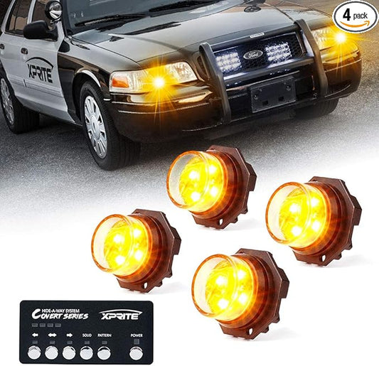 Xprite Amber LED Hideaway Strobe Lights Kit 20 Flashing Patterns w/Control Panel Headlights Taillights Fog Marker Light Mounting, for Construction Emergency Vehicles Trucks SUV Vans 12V Cars 4 PCs