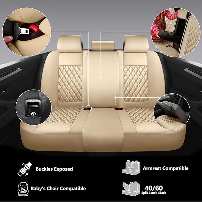 Car Seat Covers Full Set,Universal Fit for Cars,SUVs,Trucks,and Sedans with 5 Seats,Faux Leather Car Seat Cushion Compatible with Airbags,Waterproof Car Seat Protector,Beige