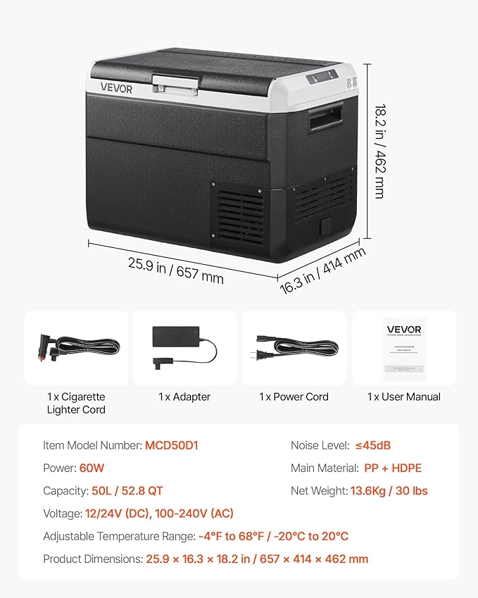 VEVOR 12 Volt Car Refrigerator, 52.8QT/50L Car Fridge, Portable Electric Cooler with -4℉~68℉ Adjustable Temperature, 12/24V DC and 100-240V AC Compressor Freezer for Outdoor, Camping, Travel, RV