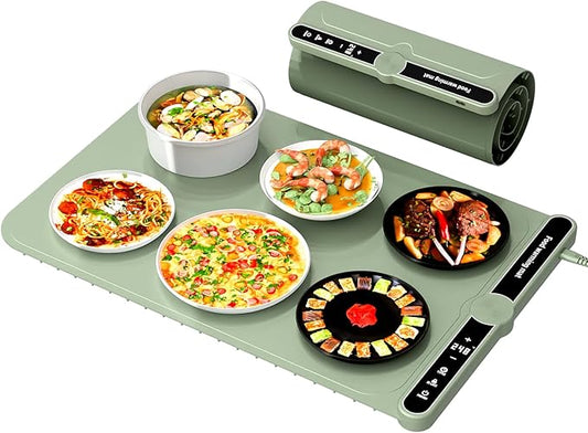 Smart Warming Mat for Food, Upgrade Waterproof Foldable Heating Mat, Food Warming Mat with 9 Level Adjustable Temperature and 6-Speed Timing, Easy to Clean Food Warmers for Buffet,Party,Thawin (Green)