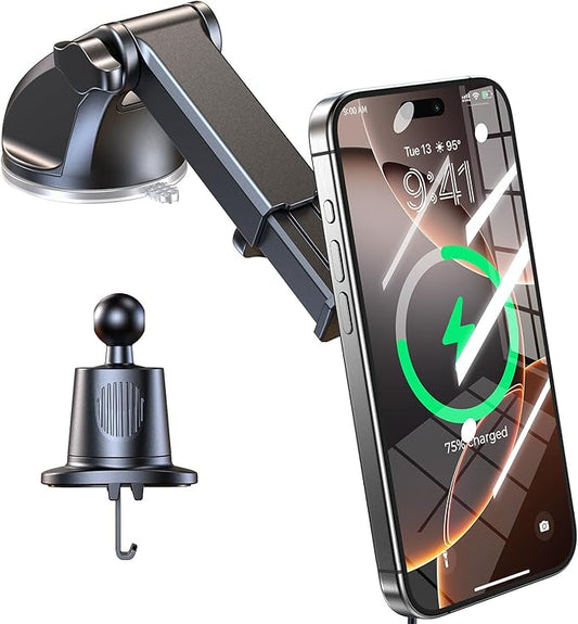 New 2025 Vacuum Magnetic Phone Suction Holder, 15W Wireless Charger for MagSafe Car Mount & Dashboard Windshield Vent Holder, All-Weather Suction for Uber, iPhone 16/15/14 Pro Max Plus