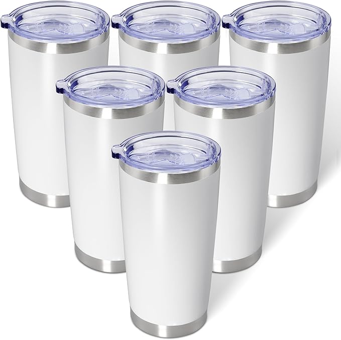 20oz Tumbler Bulk Stainless Steel Tumblers with Lid Vacuum Insulated Double Wall Travel Coffee Mug Powder Coated Tumbler Cup for Hot and Cold Drinks(White, 6 pack)