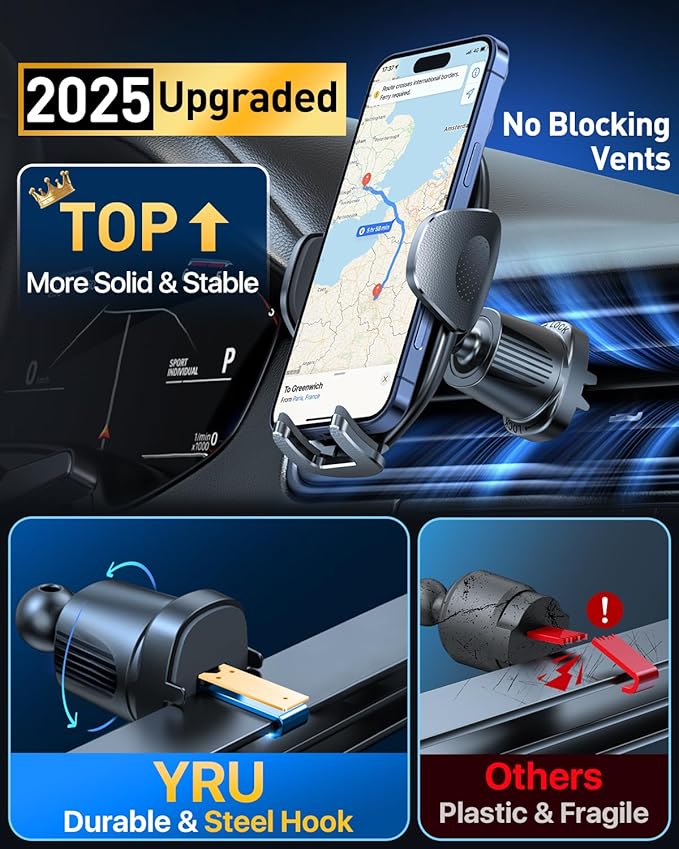 YRU [2025 Upgraded] Universal Car Phone Holder Mount【 360°Rotatable & Strong Suction】 Cell PhoneHolder Car Dashboard Windshield Phone Holder Dash Stand for iPhone 16 15 14 13 12 Samsung Truck, Black