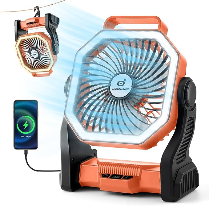 Odoland Rechargeable Camping Fan, 20000mAh Battery Fans with LED Lantern for Tent Car Beach Storm, Portable Light Desk Cooling Fan for Picnic Power Outage Hurricane, Orange