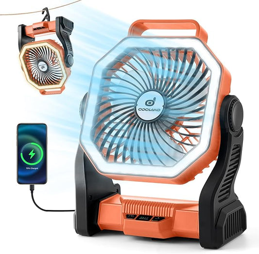 Odoland Rechargeable Camping Fan, 20000mAh Battery Fans with LED Lantern for Tent Car Beach Storm, Portable Light Desk Cooling Fan for Picnic Power Outage Hurricane, Orange