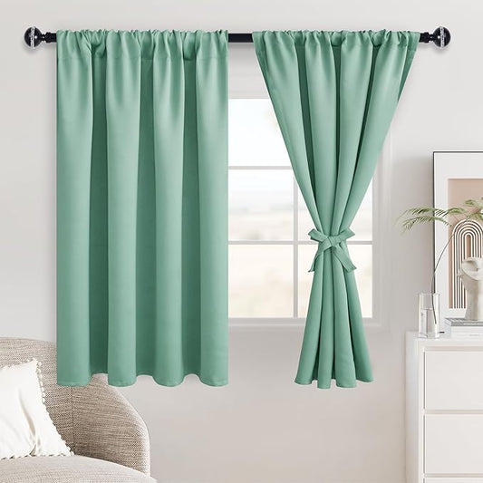 JIUZHEN Blackout Curtains for Bedroom - Thermal Insulated Noise Reducing Privacy Short Curtain for Living Room, Set of 2 Panels with Tiebacks, 42 x 45 inches Long,Sage Green