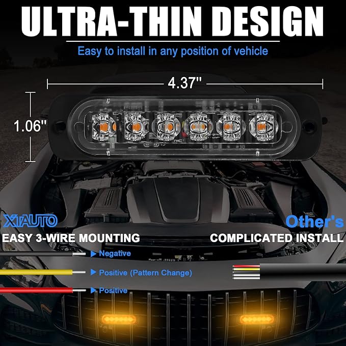 10pcs LED Emergency Strobe Light, 6-LED Ultra Slim Surface Mount Flashing Warning Beacon Hazard Construction Caution Grille Light Bar for Truck Car Off Road Vehicles SUV ATV (Amber)