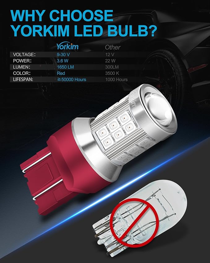 Yorkim 7443 led bulb red, 7440 bulb red 7444na led with Projector Replacement Lamp for Stop Lights Brake、Tail Light, pack of 2