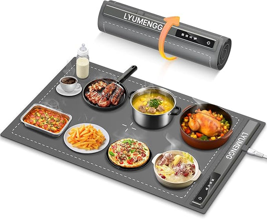Warming Mat for Food,10s Rapid Warm Food Warming Mat,3-Temp Portable Food Warmer,Fast Heating BPA-Free Auto Shut Off Chafing Dishes For Buffet,Roll Up Food Warmers For Parties Buffet Grey