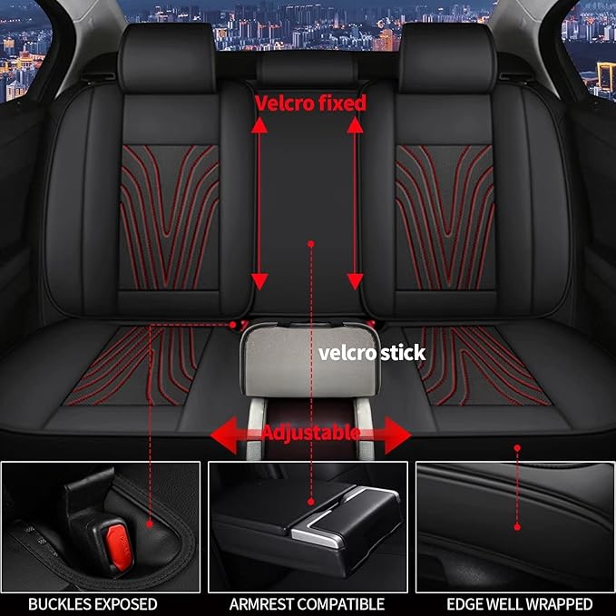 2 Front Car Seat Covers Fit for Nissan Frontier 2009-2024 2025 Ice Silk Leather Breathable Waterproof Automotive Seat Cushion Compatible Airbag (5 Seats&Red Line)
