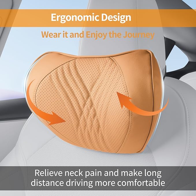 Car Neck Pillow Memory Foam Premium Leather Headrest Neck Support Cushion Universal for Driving Home Office, Palomino Brown,1PC