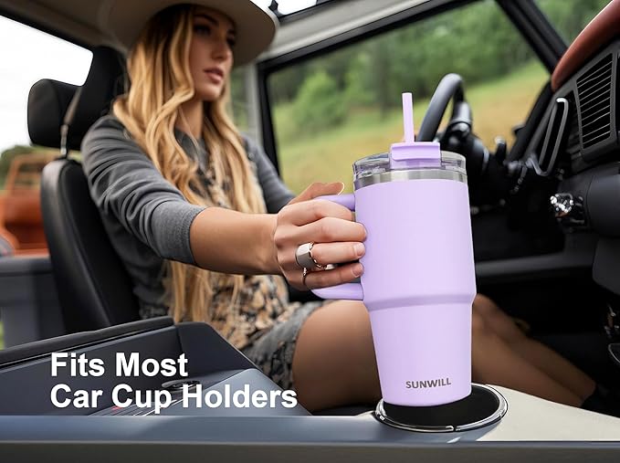 SUNWILL Travel Coffee Mug with Lid, 20 oz Tumbler with Handle and Straw Leak Proof, Stainless Steel Cup Insulated for Office & Gym, Cupholder Friendly, Powder Coated Orchid
